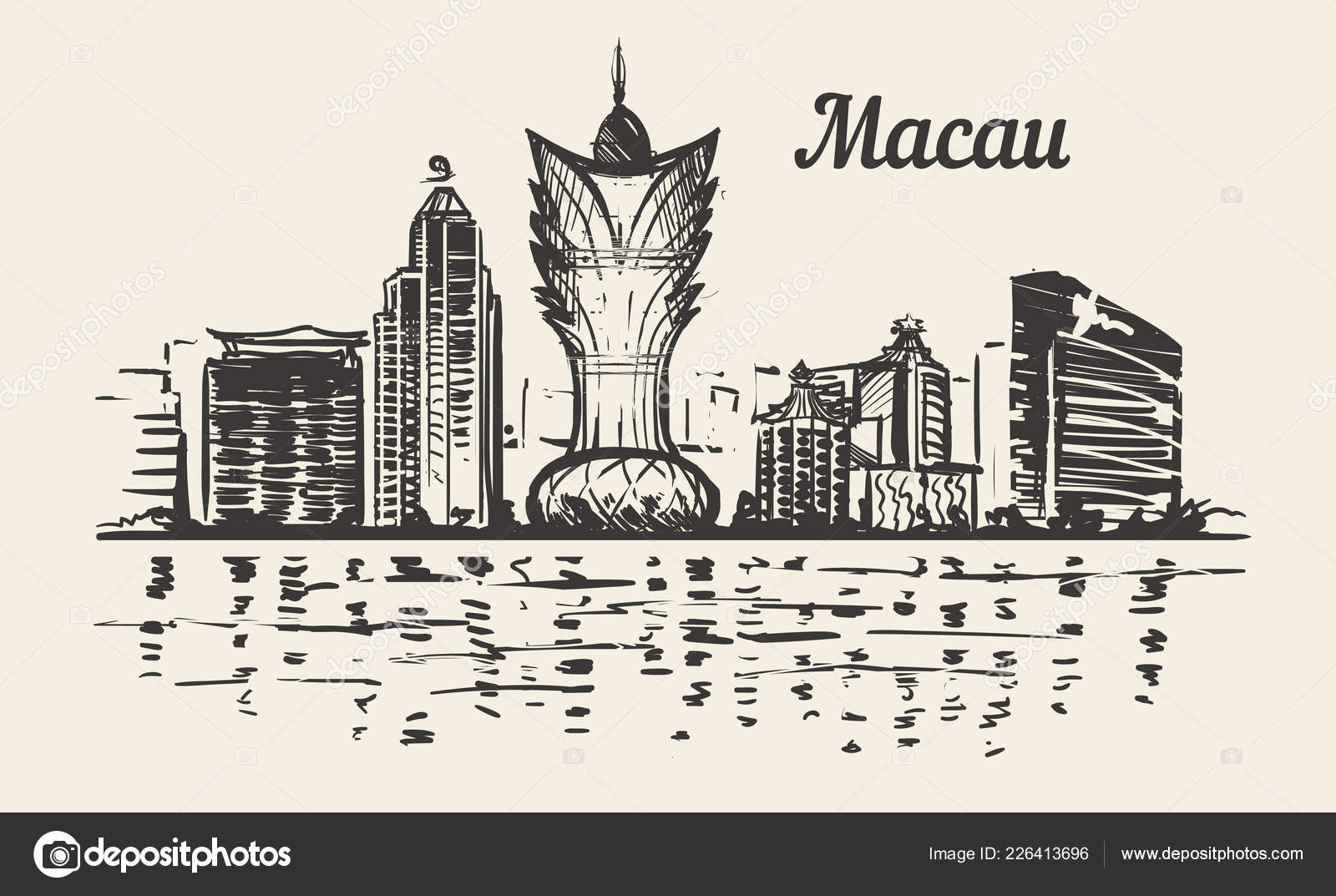Macau Skyline Hand Drawn Sketch Vector Ilustration Isolated White