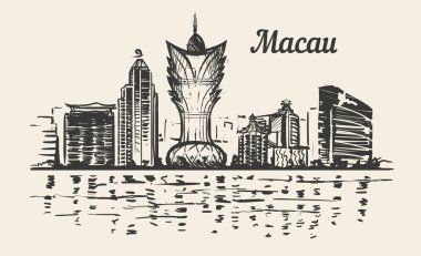Macau manzarası elle çizilmiş kroki vektör halat beyaz arka plan üzerinde izole.