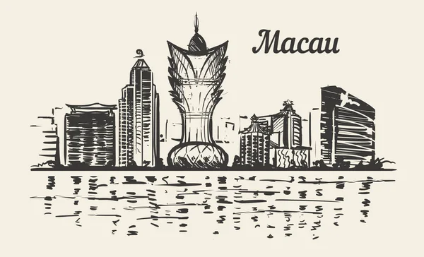 Макао Skyline Боку Звернено Ескіз Векторні Ilustration Ізольовані Білому Тлі — стоковий вектор