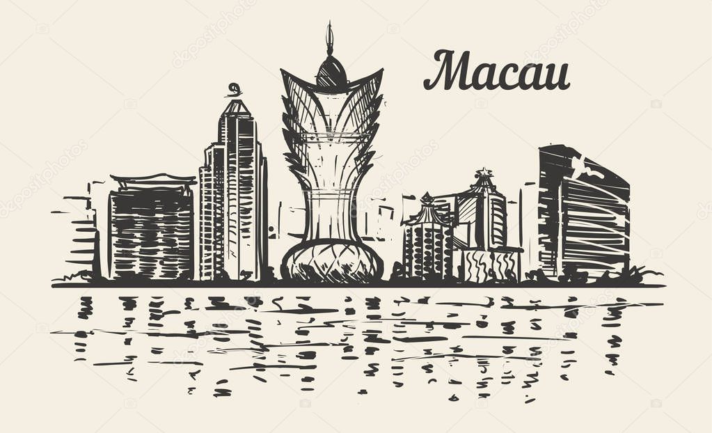 Macau skyline hand drawn sketch vector ilustration isolated on white background.