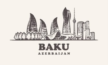 Bakü manzarası, Azerbaycan vintage vektör çizim, el Bakü çizilmiş binalar beyaz arka plan üzerinde.