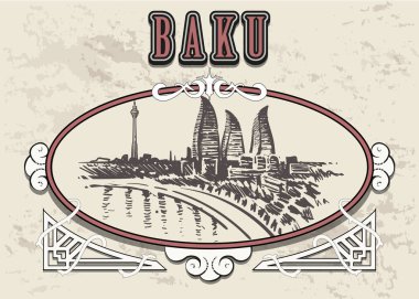 Bakü manzarası el çizilmiş kroki. Dekoratif bir vintage çerçeve Bakıda.