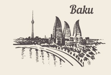 Bakü manzarası elle çizilmiş kroki vektör illüstrasyon izole beyaz arka plan üzerinde.