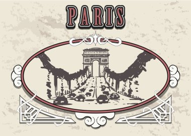 Paris, Champs Elysees caddesi Champs Elysées çizilmiş kroki ver. Dekoratif bir vintage çerçeve Paris'te.