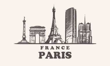 Paris manzarası, Fransa vintage vektör çizim, el Beyaz zemin üzerine Paris çizilmiş binalar.