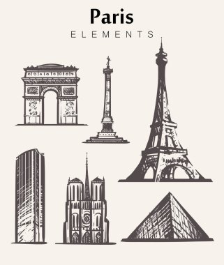 Paris binalar çizilmiş kümesi. Paris öğeleri vektör çizim kroki. Eyfel Kulesi Triumphal arch, Notre Dame, Place De La Bastille, Montparnasse Kulesi.