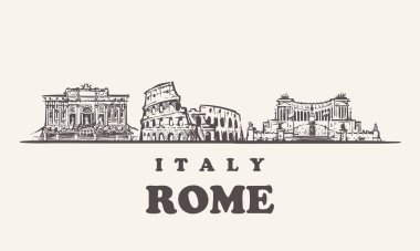 Roma manzarası, İtalya vintage vektör çizim, el Beyaz arka plan üzerinde bir Roma çizilmiş binalar.