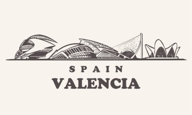 Beyaz arka plan üzerinde çizilmiş binaları Valencia Valencia manzarası, İspanya vintage vektör çizim, sanat ve bilim şehir el.