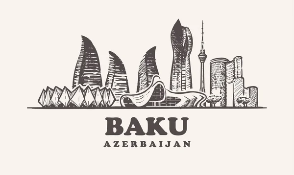 Baku Skyline Azerbaijão Vintage Vetor Ilustração Mão Desenhada Edifícios Baku —  Vetores de Stock
