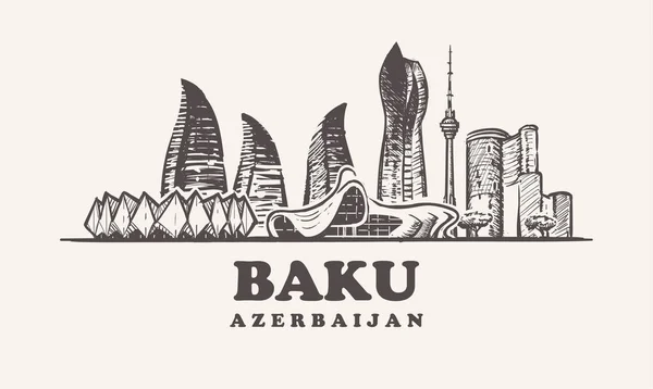 Bakü manzarası, Azerbaycan vintage vektör çizim, el Bakü çizilmiş binalar beyaz arka plan üzerinde.