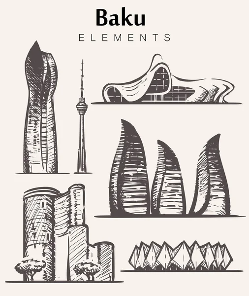 Set Hand Drawn Baku Buildings Baku Elements Sketch Vector Illustration — Stock Vector