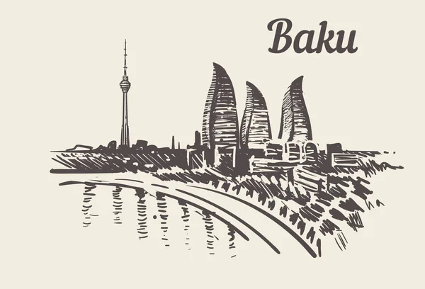 Baku Skyline Disegnato Mano Disegno Vettoriale Illustrazione Isolato Sfondo Bianco — Vettoriale Stock