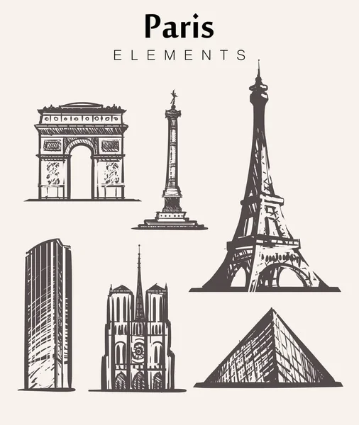 Paris binalar çizilmiş kümesi. Paris öğeleri vektör çizim kroki. Eyfel Kulesi Triumphal arch, Notre Dame, Place De La Bastille, Montparnasse Kulesi.