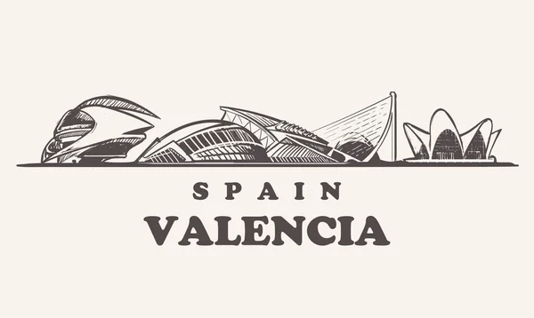 Beyaz arka plan üzerinde çizilmiş binaları Valencia Valencia manzarası, İspanya vintage vektör çizim, sanat ve bilim şehir el.