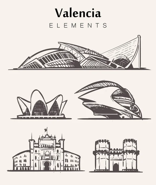 Set of hand-drawn Valencia buildings.Valencia elements sketch vector illustration.City of the Arts and Sciences, Gates Of Serranos, Plaza de Toros. — Stock Illustration Set Hand Drawn Valencia Buildings Valencia Elements Sketch Vector Illustration Vector Graphics