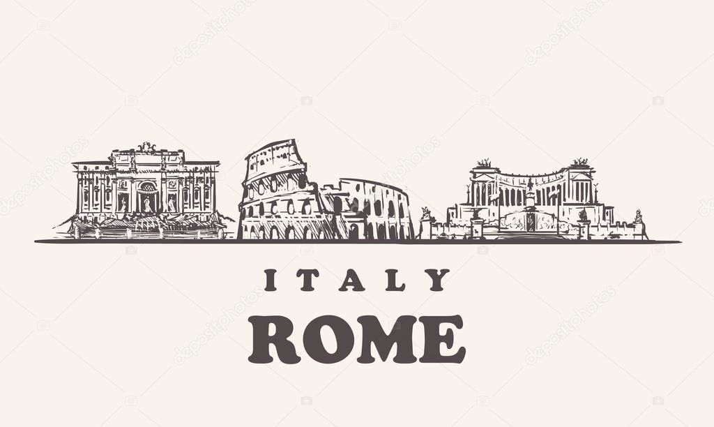 Rome skyline, Italy vintage vector illustration, hand drawn buildings of Rome on white background.