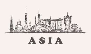 Asya manzarası vintage vektör çizim, elle çizilmiş binalar
