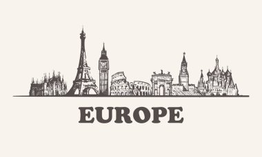 Europe manzarası vintage vektör çizim, elle çizilmiş binalar