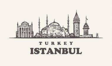 Istanbul manzarası, Türkiye'de vintage vektör çizim, el çekilmiş binalar