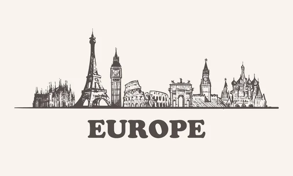 Europe skyline vintage vector illustration, hand drawn buildings — Stock Vector
