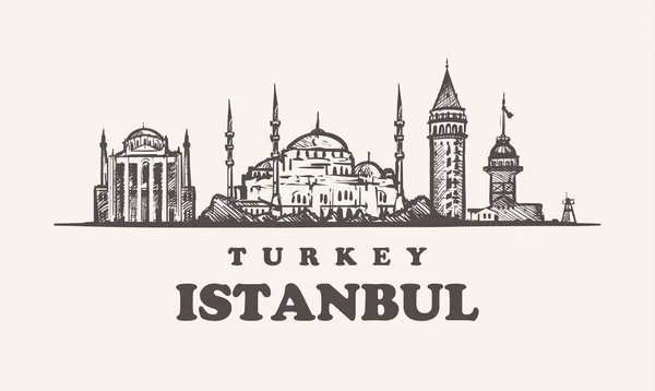 De skyline van Istanbul, Turkije vintage vectorillustratie, hand getekende gebouwen — Stockvector