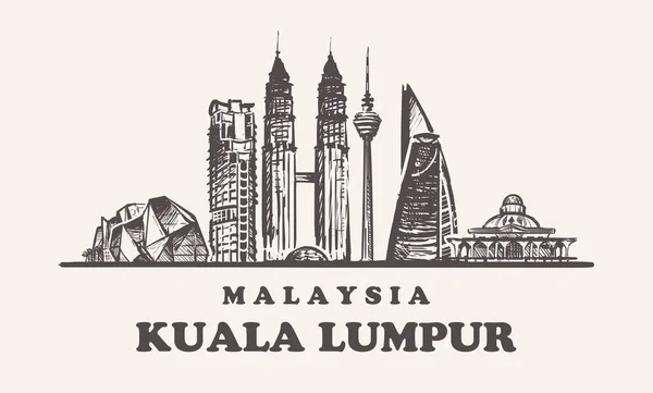 Kuala Lampur manzarası, Malezya vintage vektör çizim, el çekilmiş binalar — Stok Vektör