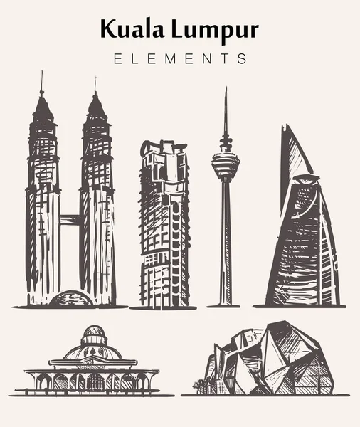 Zestaw budynków Kuala Lampur rysowane ręcznie. Kuala Lampur elementy szkicu ilustracja wektorowa. — Wektor stockowy