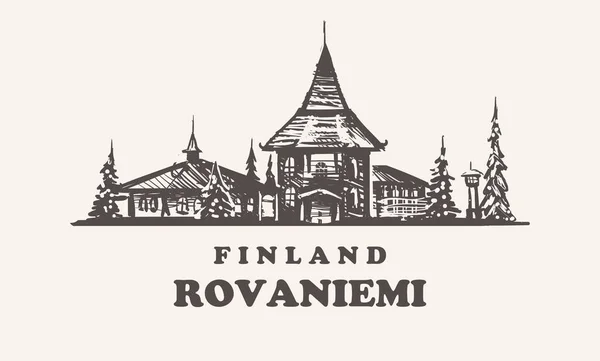 Rovaniemi, Finlandiya vintage vektör çizim, elle çizilmiş binalar — Stok Vektör