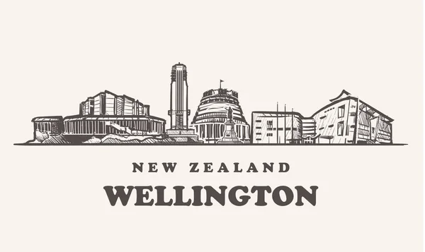 Skyline Wellington, Nowa Zelandia vintage wektor ilustracja, ręcznie rysowane budowle Wellington na białym tle. — Wektor stockowy