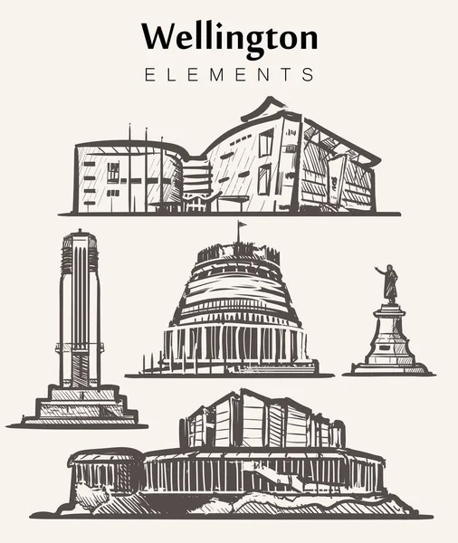 Wellington binalar çizilmiş kümesi. Wellington öğeleri vektör çizim kroki.