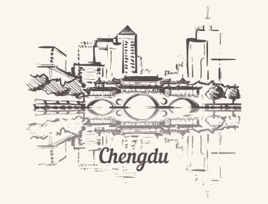 Chengdu manzarası elle çizilmiş. Anshun köprü Dongmen Chengdu kroki tarzı vektör çizim.