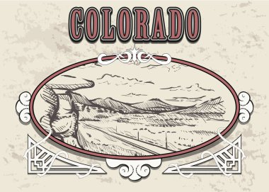 Colorado manzarası elle çizilmiş. Colorado kroki tarzı vektör çizim vintage çerçeve içinde.