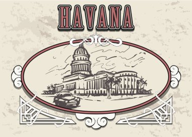 Havana elle çizilmiş kroki vektör çizim. Capitol Havana dekoratif bir vintage çerçevesinde.