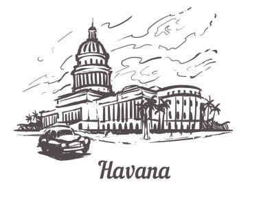 Havana elle çizilmiş kroki vektör çizim. Beyaz arka plan üzerinde beyaz arka planda göl kenarında izole Havana Capitol,.