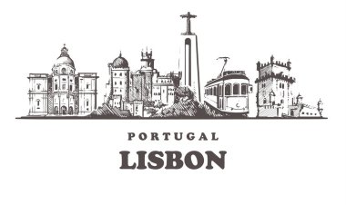 Lizbon kroki manzarası, Portekiz vintage vektör çizim. Elle çizilmiş Lizbon şehir, beyaz arka plan üzerinde izole
