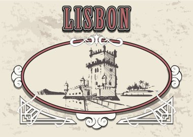 Lizbon elle çizilmiş. Torre de Belem Kulesi Lizbon kroki tarzı vektör çizim vintage çerçeve içinde.