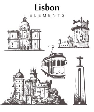 Lizbon binalar çizilmiş kümesi. Lizbon öğeleri vektör çizim kroki. Portekiz Milli Pantheon, Belem Kulesi, sarı tramvay, Cristo Rei heykeli.
