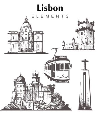 Set of hand-drawn Lisbon buildings. Lisbon elements sketch vector illustration.National Pantheon of Portugal,Belem Tower,yellow tram,Cristo-Rei Statue. clipart