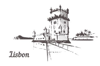 Lizbon elle çizilmiş. Torre de Belem Kulesi Lizbon stil vektör çizim kroki. Beyaz arka plan üzerinde izole.