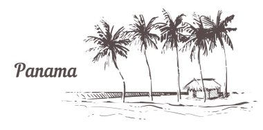 Elle çizilmiş palm beach. Panama Island beach house, sketch vektör çizim ile. Beyaz arka plan üzerinde izole.