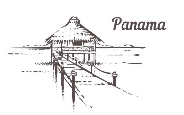 Elle çizilmiş palm beach. Panama resort beach house, sketch vektör çizim ile. Beyaz arka plan üzerinde izole.