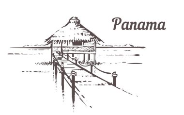 Hand drawn palm beach.Panama resort with beach house,sketch vector illustration.Isolated on white background. clipart