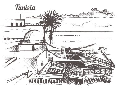 Tunus manzarası elle çizilmiş. Tunus stil vektör çizim kroki. Beyaz arka plan üzerinde izole.