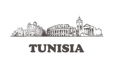 Tunus manzarası, Tunus vintage vektör çizim, el çekilmiş binalar. Beyaz arka plan üzerinde izole.