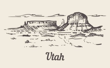Utah manzarası elle çizilmiş. Utah kroki tarzı vektör çizim Isolated beyaz arka plan.