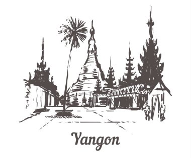 Yangon manzarası elle çizilmiş. Shwedagon Pagoda Yangon yapılan eskiz tarzı vektör çizim. Beyaz arka plan üzerinde izole.