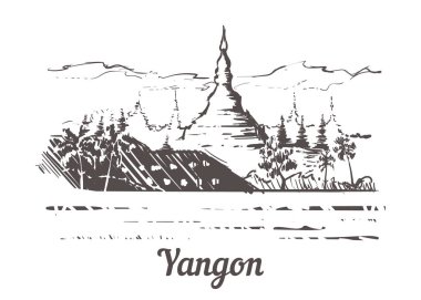 Yangon manzarası elle çizilmiş. Shwedagon Pagoda Yangon yapılan eskiz tarzı vektör çizim. Beyaz arka plan üzerinde izole.