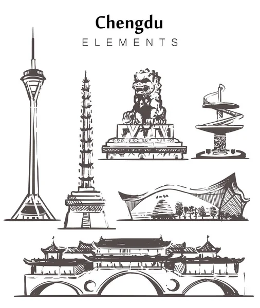 Conjunto Edificios Chengdu Dibujados Mano Edificios Chengdu Templos Elementos Boceto — Vector de stock