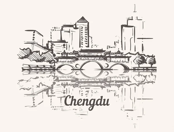 Chengdu Skyline Kézzel Rajzolt Anshun Híd Dongmen Chengdu Vázlat Stílusú — Stock Vector