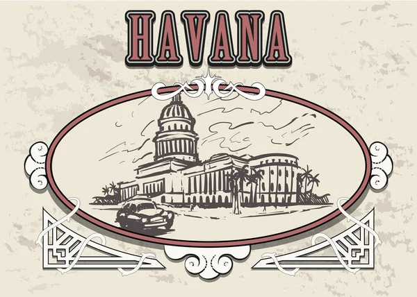 Ilustración Vectorial Dibujada Mano Habana Capitolio Habana Marco Decorativo Vintage — Archivo Imágenes Vectoriales